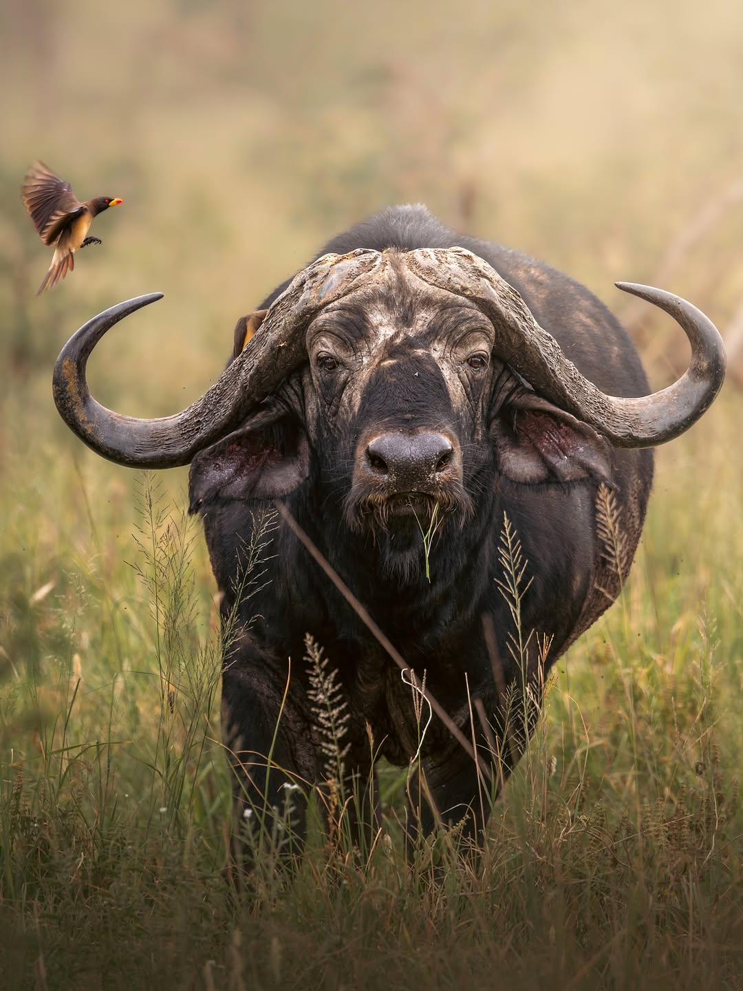 A frontal African buffalo portrait with an oxpecker flying beside its horns
