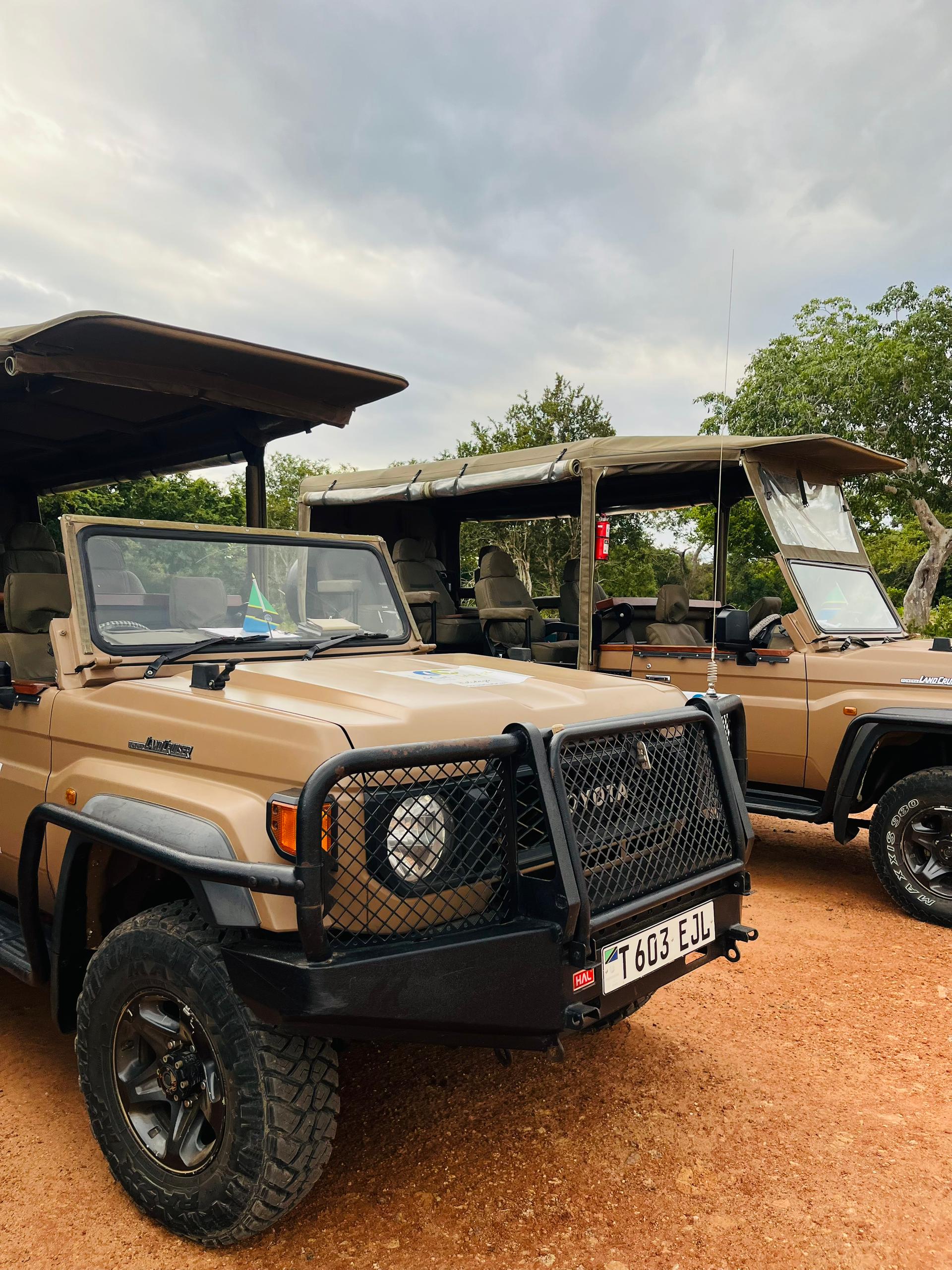 Two open safari vehicles ready for a Mikumi National Park game drive