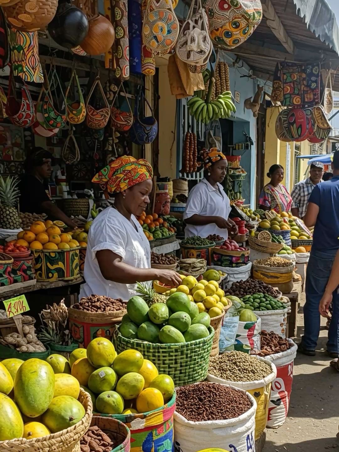 Fresh fruit, spices and crafts in a Zanzibar market