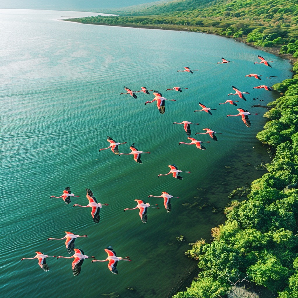 Flamingos flying above Lake Manyara's turquoise water and forested shoreline