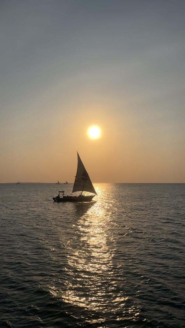 A traditional Zanzibar dhow sailing across the ocean at sunset
